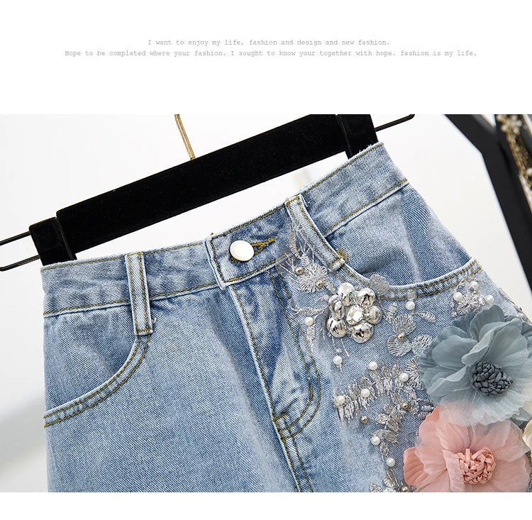 Fashion Cotton T-Shirt Tops + Short Jeans 2 Pieces Sets 2024 New Summer Women's Denim Pants Outfits 3D Flowers Beading Suits