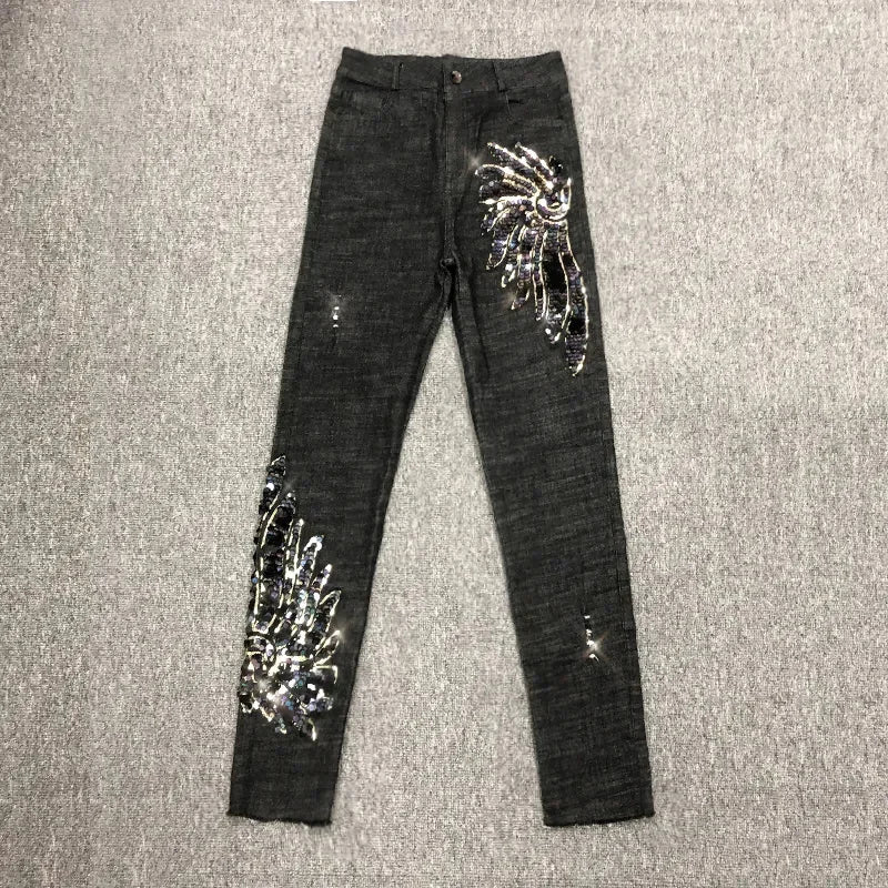 White Sequin Phoenix flower Denim Pants For women's 2025 New Korean Slim Elastic Pencil Skinny Jeans Female Ankle length Pants