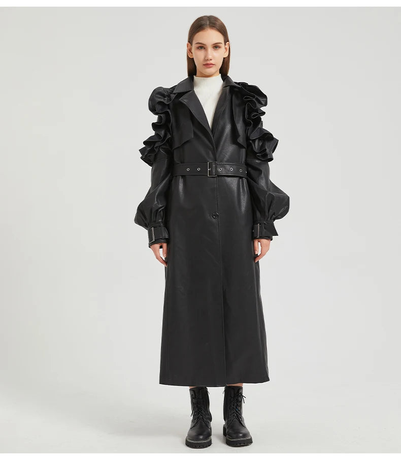 Lautaro Spring Autumn Long Ruffled Soft Pu Leather Trench Coat for Women Belt Elegant Luxury Designer Clothes Runway Fashion