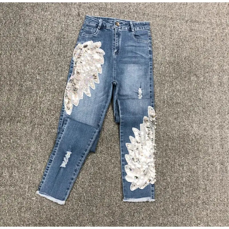 White Sequin Phoenix flower Denim Pants For women's 2025 New Korean Slim Elastic Pencil Skinny Jeans Female Ankle length Pants