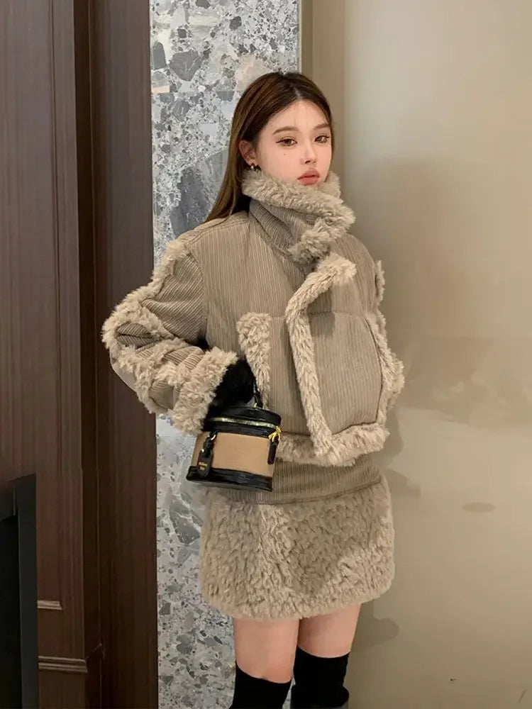 Retro style fashionable splicing furry short coat top high waist skirt short skirt two-piece suit winter women's clothing