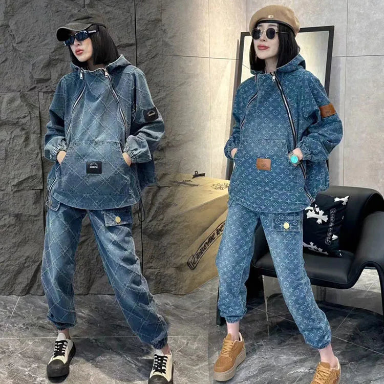 European denim fashion suit for women loose trendy for spring and autumn vintage denim jacket harem pants two-piece set trendy