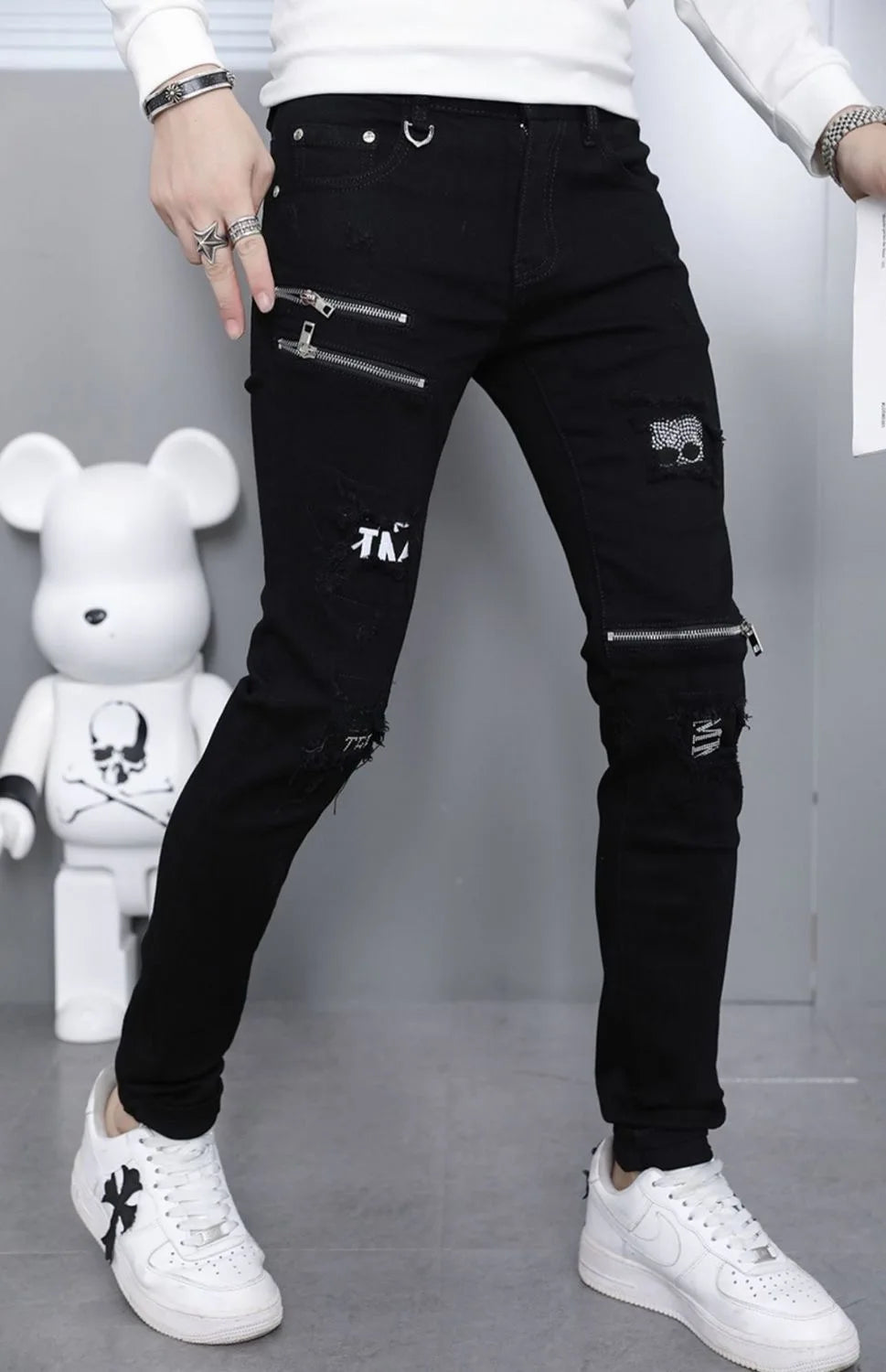 2024 Spring and Autumn Fashion Black Ripped Stretch Jeans Men's Casual Slim Breathable High-Quality Straight Leg Pants 28-36