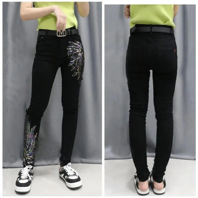 White Sequin Phoenix flower Denim Pants For women's 2025 New Korean Slim Elastic Pencil Skinny Jeans Female Ankle length Pants