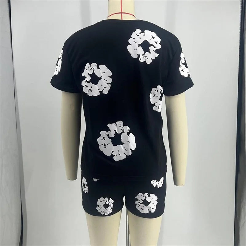 Women Flower Print Casual Sports Suits Summer Short Sleeve T-Shirt Female Commuter 2 Piece Sets Elastic Waist Ultra-short Shorts