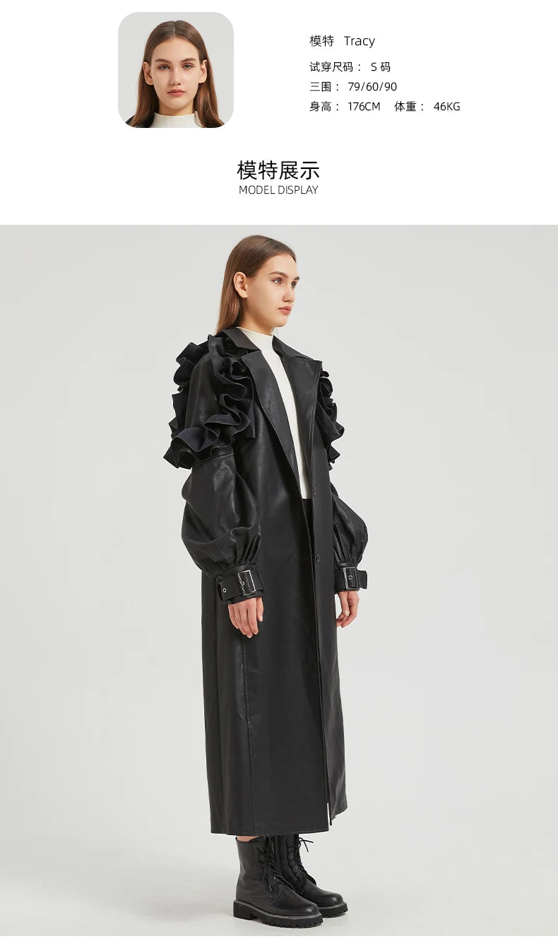 Lautaro Spring Autumn Long Ruffled Soft Pu Leather Trench Coat for Women Belt Elegant Luxury Designer Clothes Runway Fashion