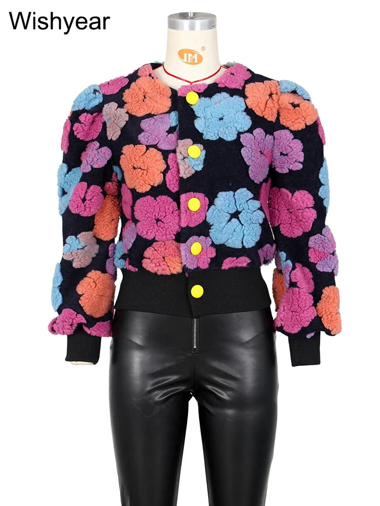 Streetwear Winter Warm Thick 3D Flowers Patchwork Jacket Women Puff Long Sleeve Single-breasted Baseball Coats Vintage Outwear