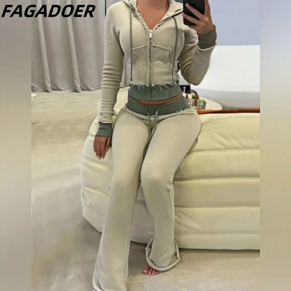 FAGADOER Autumn New Casual Sporty 2 Piece Sets Outfit Women Color Patchwork Drawstring Hoodies Jacket and Flare Pants Suits