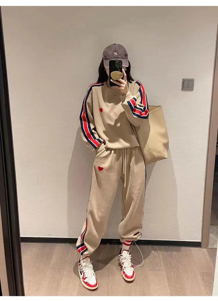 Autumn Cute Love Embroidery Pant Sets Two Pieces Tracksuits Khaki Side Striped Sweatshirt Women Girls Loose Sporty Korean Style