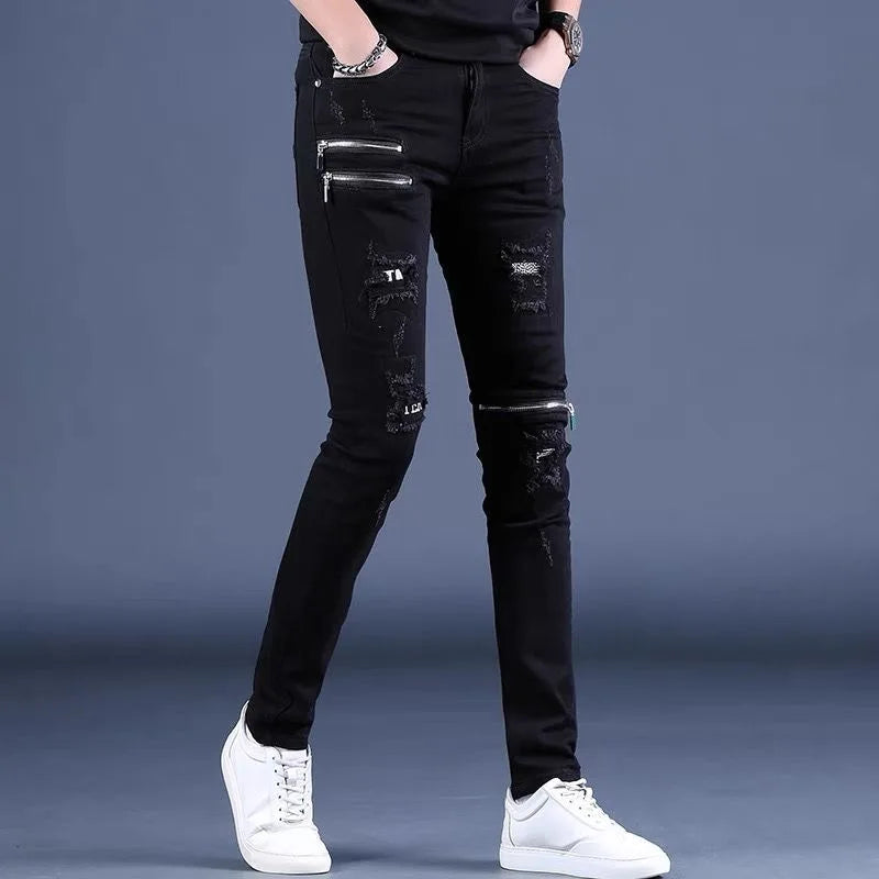 2024 Spring and Autumn Fashion Black Ripped Stretch Jeans Men's Casual Slim Breathable High-Quality Straight Leg Pants 28-36