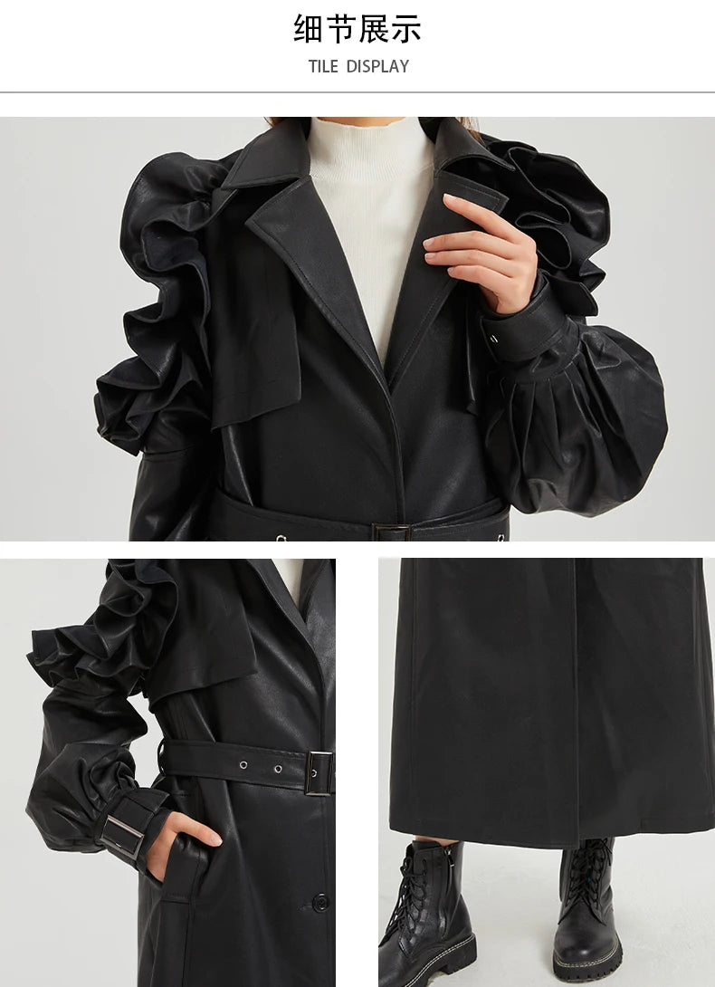 Lautaro Spring Autumn Long Ruffled Soft Pu Leather Trench Coat for Women Belt Elegant Luxury Designer Clothes Runway Fashion