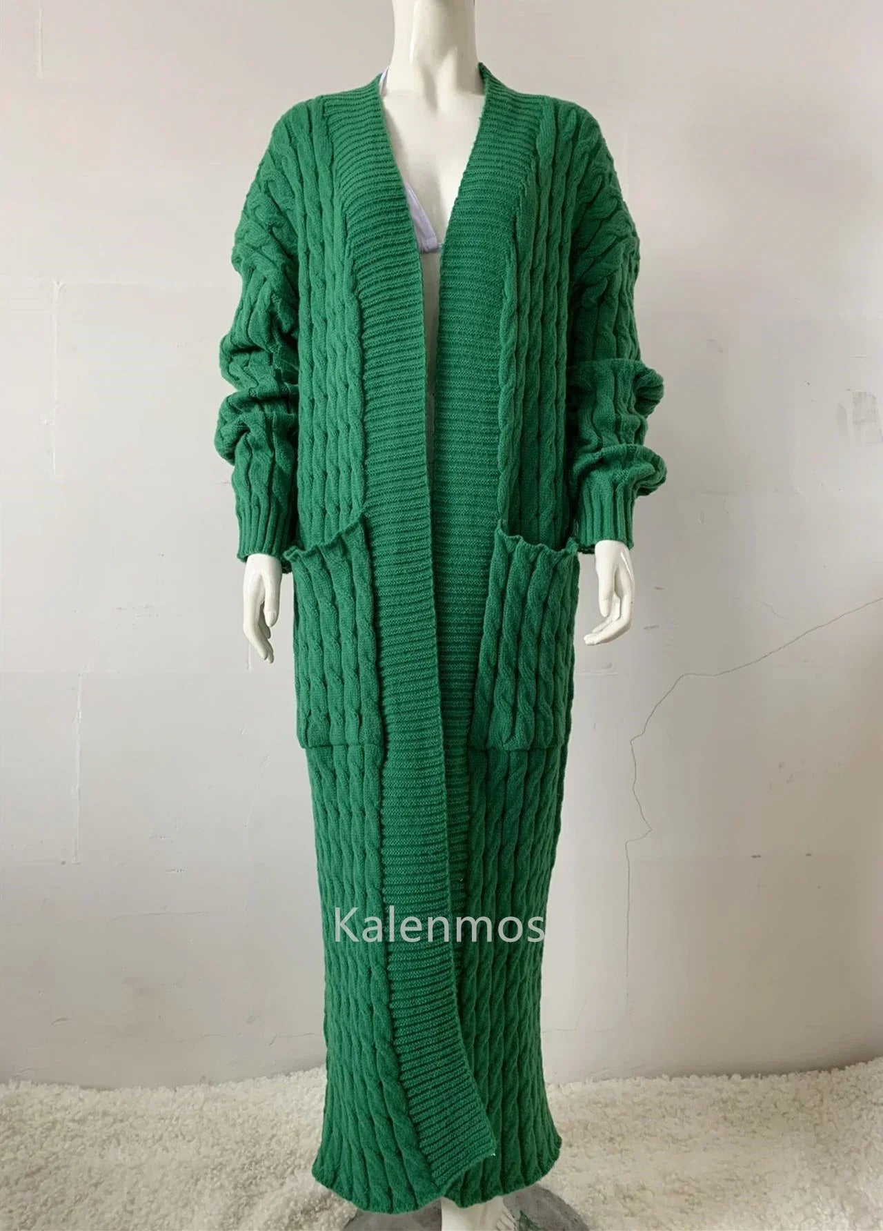 Kintted Cardigan Women Long Jacket Autumn Spring Green Crochet Loose Long Sleeve Winter Sweater 2023 Warm Jumper Coat Cardigans