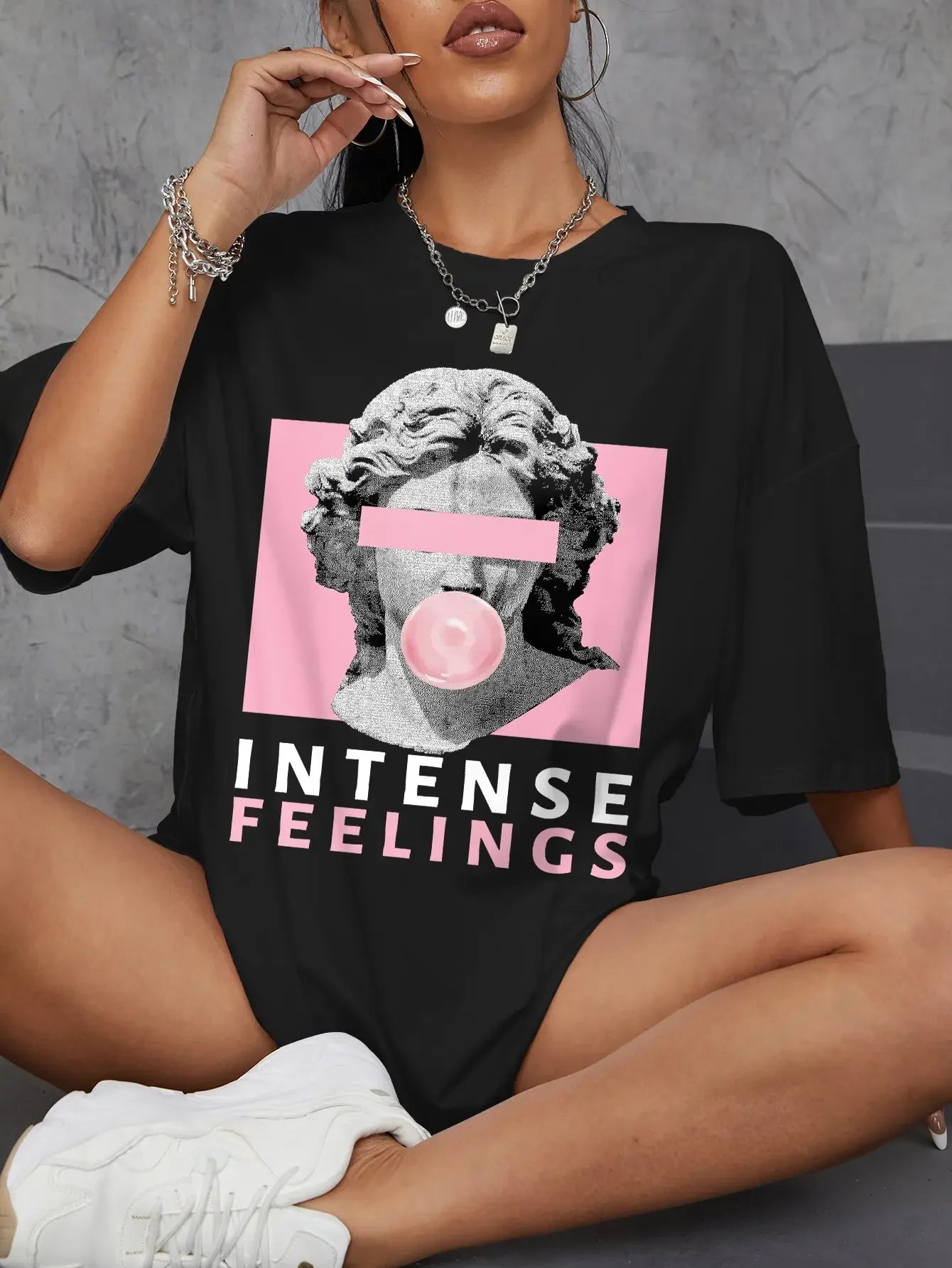 Women Tshirt INTENSE FEELINGS Street Hip Hop Female T-Shirts Loose Oversize Short Sleeve Tops Summer Breathable Tee Clothing