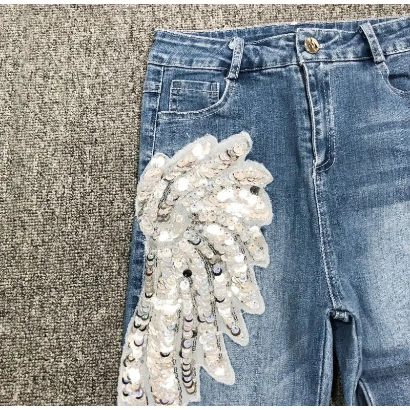 White Sequin Phoenix flower Denim Pants For women's 2025 New Korean Slim Elastic Pencil Skinny Jeans Female Ankle length Pants