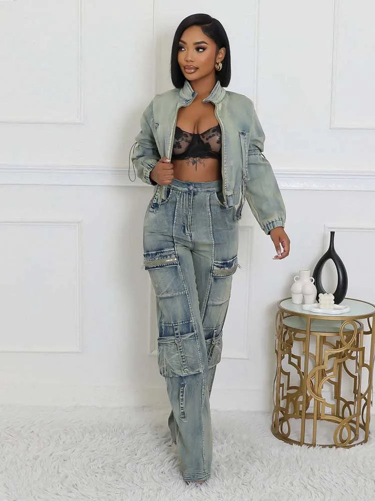 2 Piece Set for Women Winter Long Sleeve Denim Jacket and Jeans Streetwear Sexy Stretchy Denim Pant Sets Wholesale Dropshipping