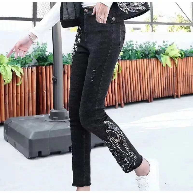 White Sequin Phoenix flower Denim Pants For women's 2025 New Korean Slim Elastic Pencil Skinny Jeans Female Ankle length Pants