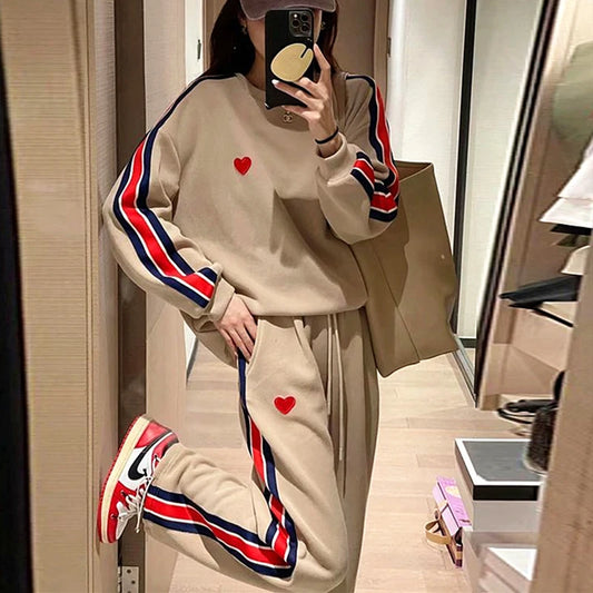 Autumn Cute Love Embroidery Pant Sets Two Pieces Tracksuits Khaki Side Striped Sweatshirt Women Girls Loose Sporty Korean Style