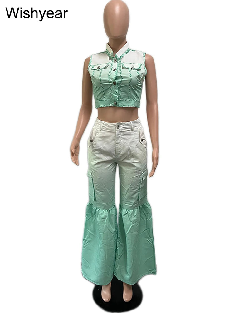 Vintage Shirt and Pocket Straight Wide Leg Flare Pants Women's Birthday Summer Two 2 Piece Set Outfit Party Club Night Tracksuit