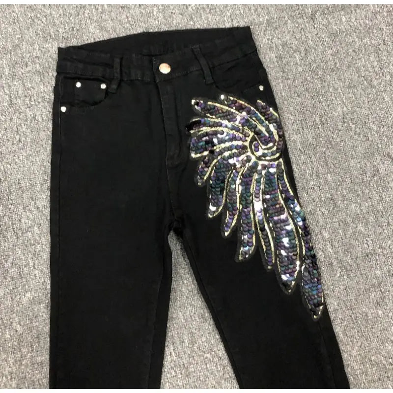 White Sequin Phoenix flower Denim Pants For women's 2025 New Korean Slim Elastic Pencil Skinny Jeans Female Ankle length Pants