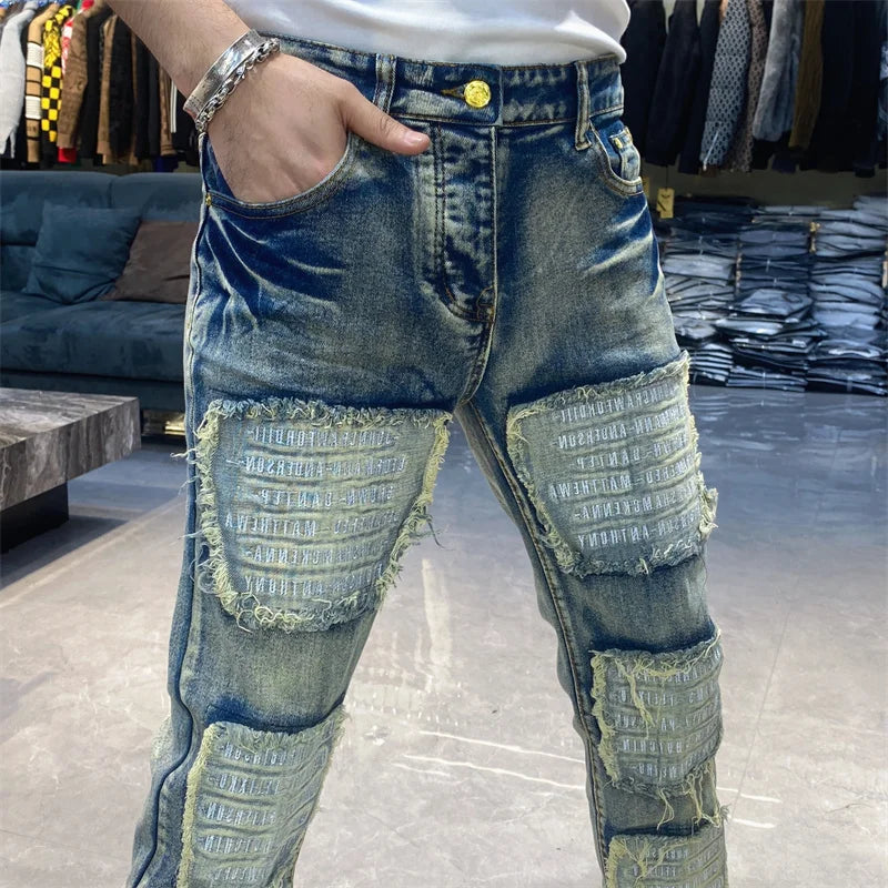 High Street Fashion Washed Vintage High Quality Hip Hop Jeans Vaqueros Hombre Zipper Used Beggar Pants Bootcut Jeans For Men