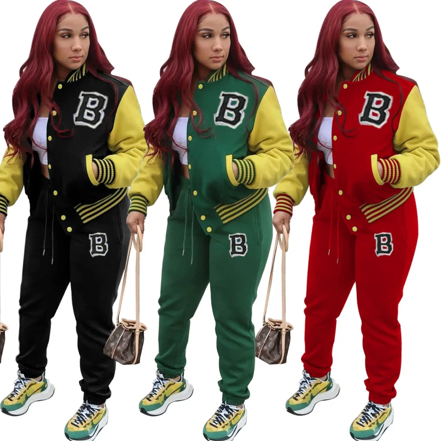 Letter Striped print Women Fall Two piece Set Sweatshirt Zipp jacket Top Trousers Sports Baseball Uniform Workout Outfits