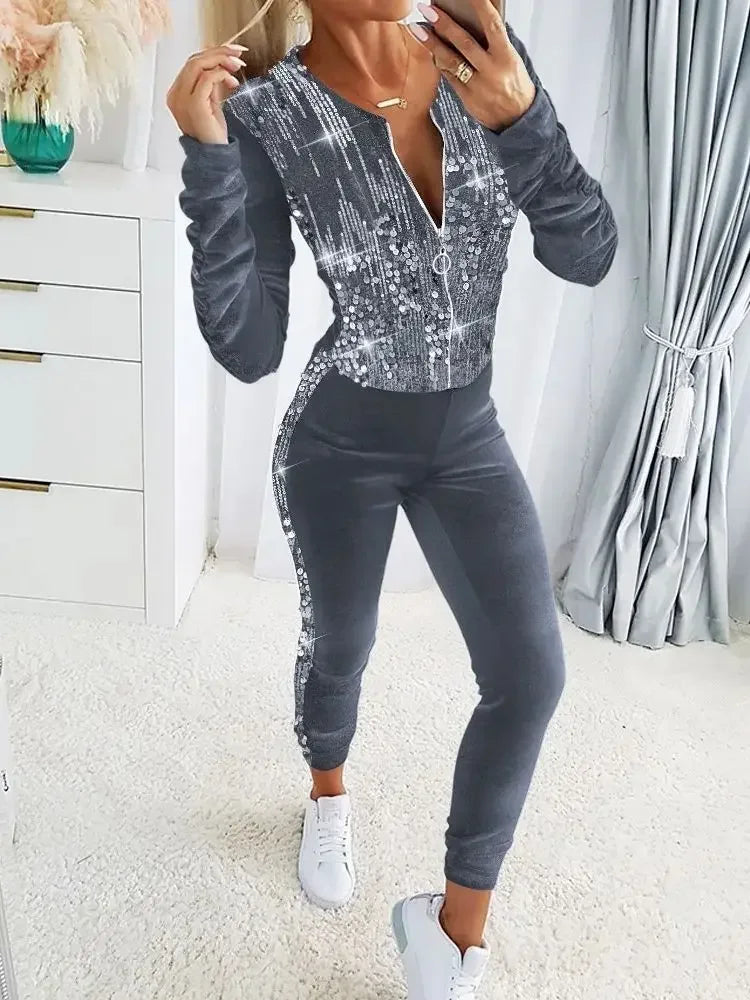 New Autumn Velvet Sets for Women 2 Pieces Suits Female Clothing Casual Contrast Sequin Zipper Design Coat & Pants Set Tracksuits