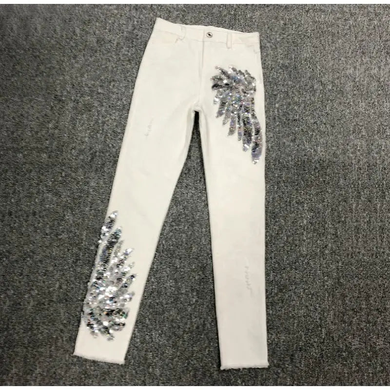 White Sequin Phoenix flower Denim Pants For women's 2025 New Korean Slim Elastic Pencil Skinny Jeans Female Ankle length Pants