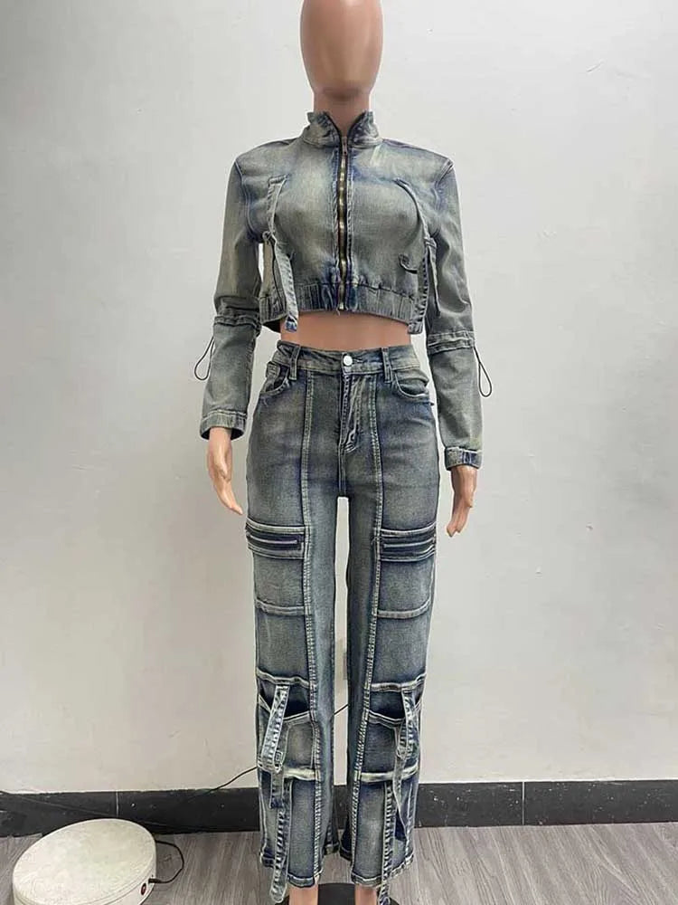 2 Piece Set for Women Winter Long Sleeve Denim Jacket and Jeans Streetwear Sexy Stretchy Denim Pant Sets Wholesale Dropshipping