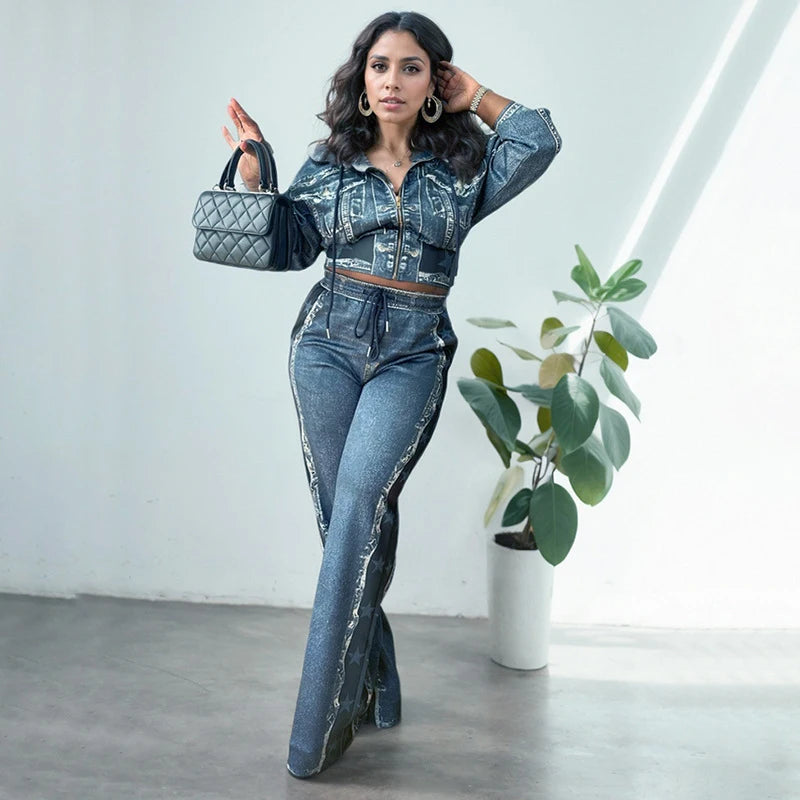 Vintage Woemen Two Piece Set Fashion Denim Look Printed Long Sleeve Crop Hoody Jacket and pants set