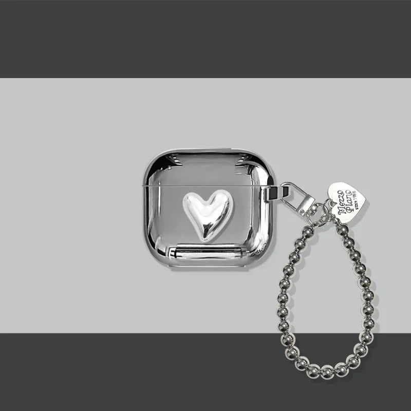 Luxury Electroplated Silver Earphone Box For Apple Airpods Pro2 Case for AirPods 4 1 or 2 3 Cover Simple Abstract Heart Keyring