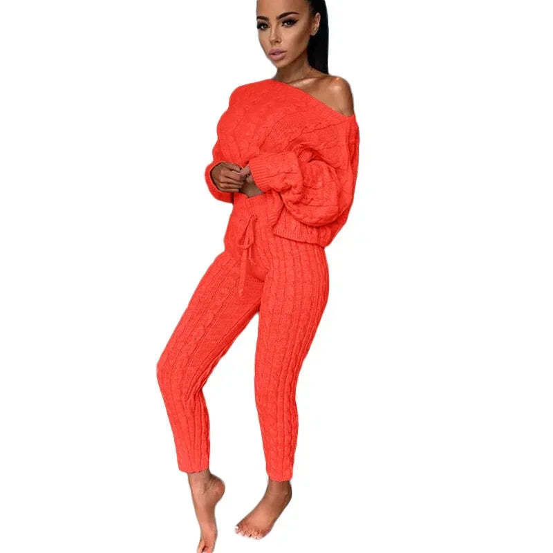 Women Set Two Piece Sets Autumn and Winter  Women O-neck Pullover Woolen Trousers Pants Suit Solid Casual Knitted Sweatshirt Set