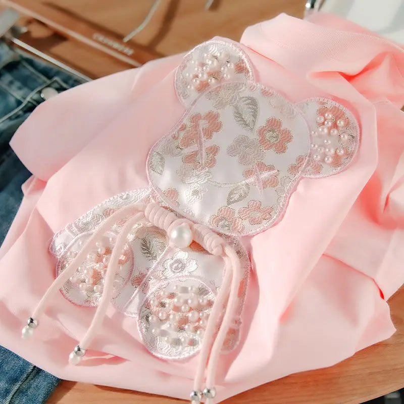 Buckle Pink Bear Beading T-shirt Heavy Handmade Diomand Shiny Bowknot Embroidery T Shirt Summer Tees Top Accessories Clothes