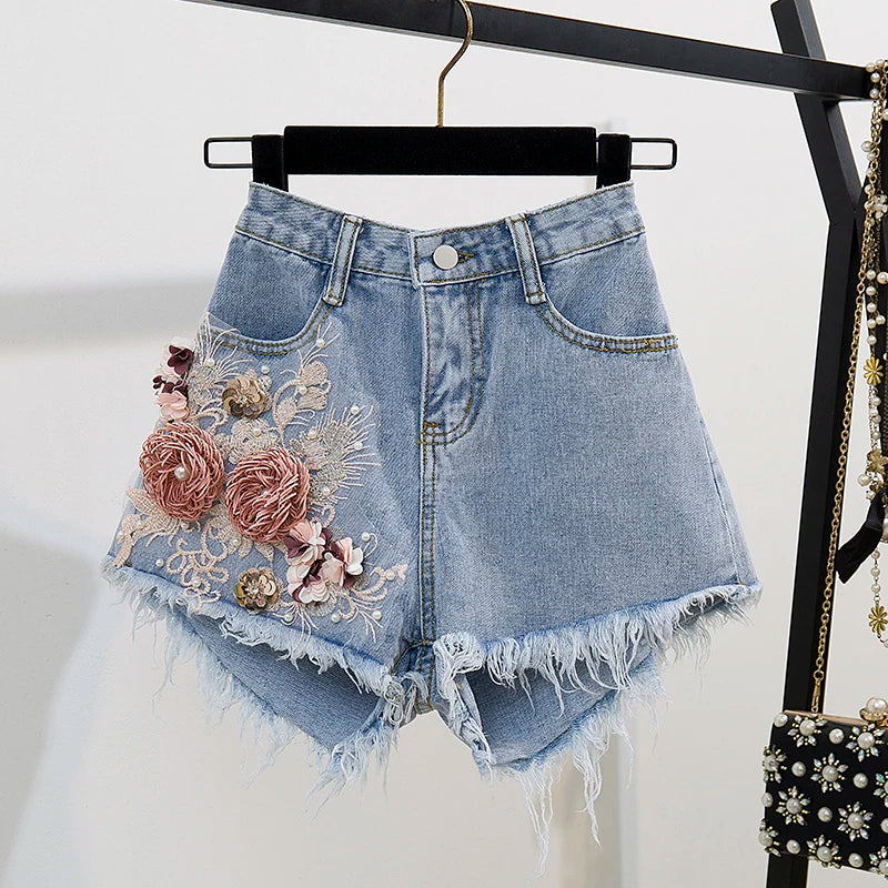 Fashion Cotton T-Shirt Tops + Short Jeans 2 Pieces Sets 2024 New Summer Women's Denim Pants Outfits 3D Flowers Beading Suits