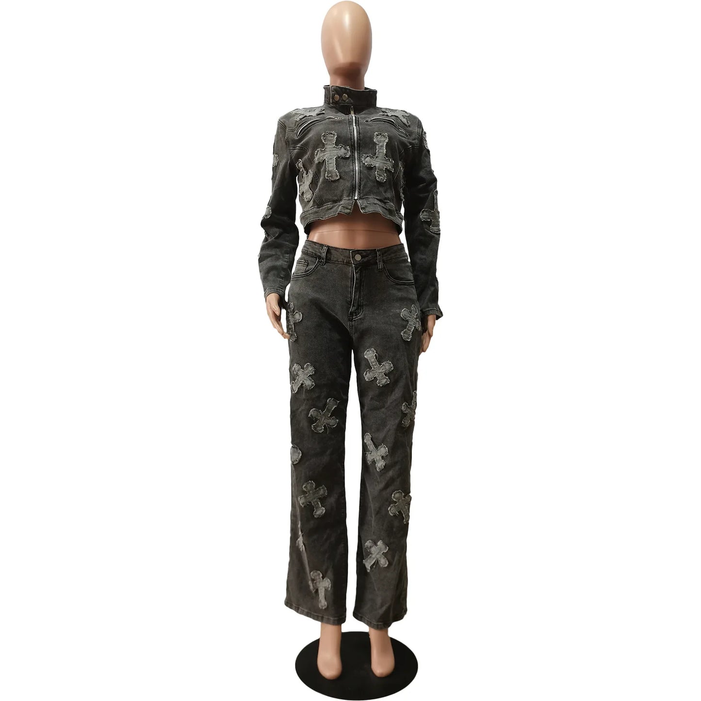 Women's Elastic Casual Two Piece Set Fashion Winter Female Embroidery Jacket Coat & Cargo Jean Pant 2 Piece Pantsuit Outfits