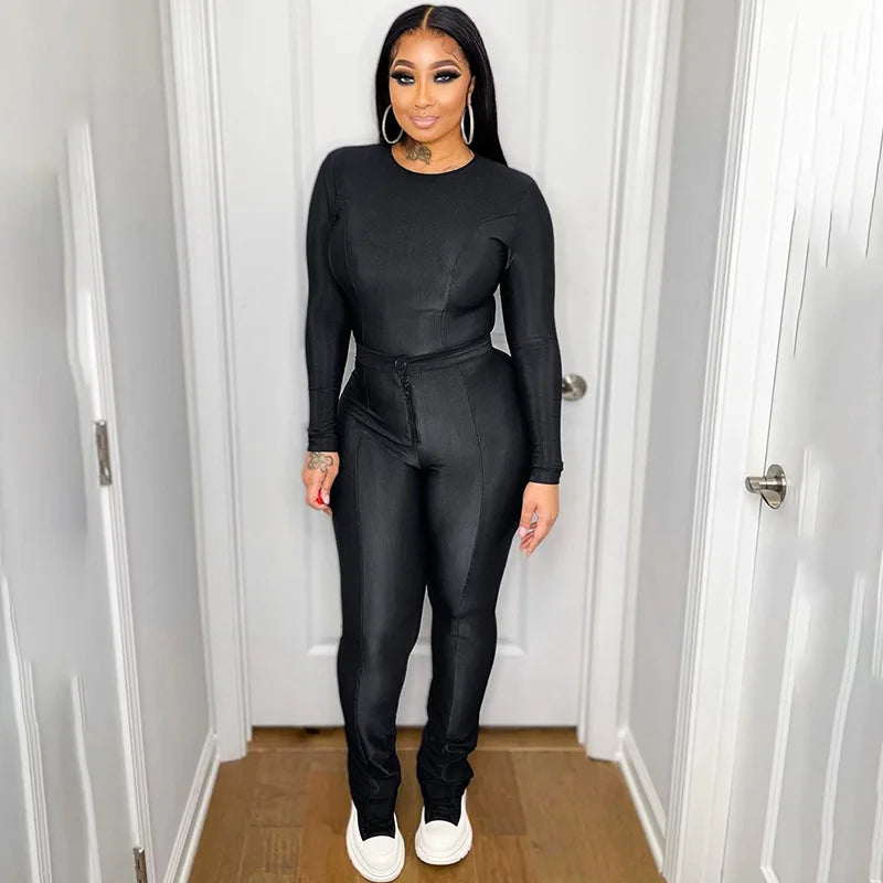 Simenual High Street Black Outfits Women Rave Slim Co-ord Suits Long Sleeve Pullovers Tees High Waist Zip Pants 90s 2 Piece Sets