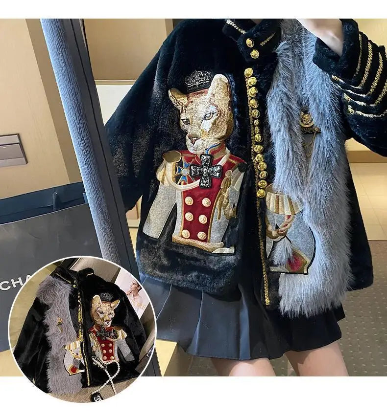 Luxury Women Cartoon Embroidery Faux Mink Fur Stitching Jacket Stand Collar Velvet Coat OL Furry Cardigan Flocking Tops Jaqueta