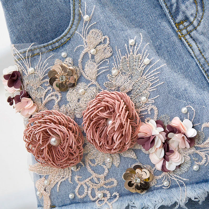 Fashion Cotton T-Shirt Tops + Short Jeans 2 Pieces Sets 2024 New Summer Women's Denim Pants Outfits 3D Flowers Beading Suits