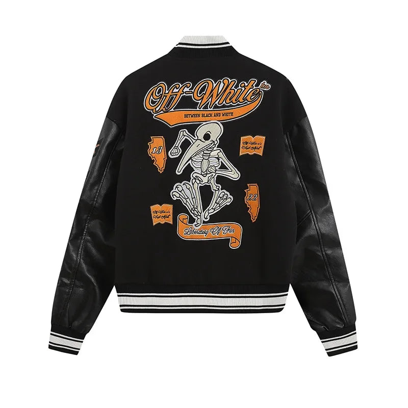 2022 Early Spring New OW Skull Embroidery Woolen Jacket With Cloth Sleeves Heavy Duty Embroidery Casual Style Loose Fit