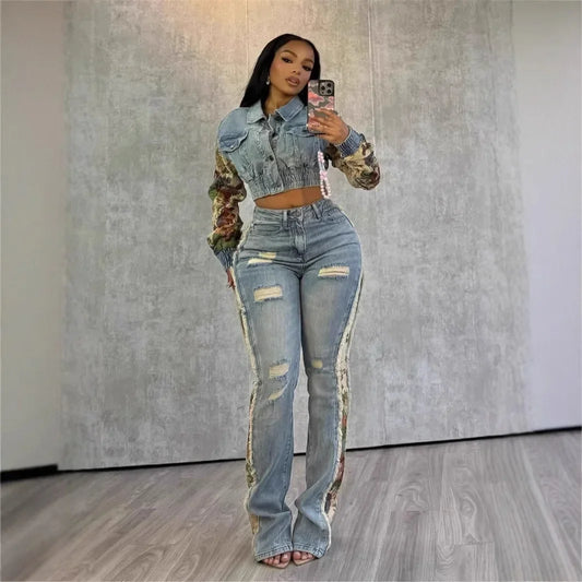 Denim Women's Set Floral Patchwork Full Sleeve Button Fly Jacket and Ripped Jeans Pants Suit 2024 Two 2 Piece Set Outfit