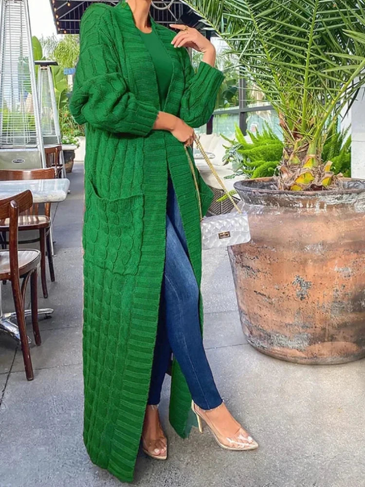 Kintted Cardigan Women Long Jacket Autumn Spring Green Crochet Loose Long Sleeve Winter Sweater 2023 Warm Jumper Coat Cardigans