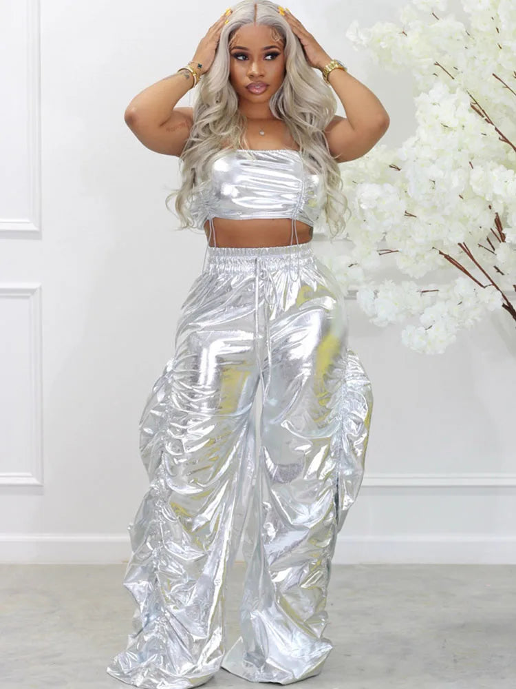 Gold Sliver Metallic Birthday Outfits Women Two Peice Sets Club Party Crop Top and Pants Streetwear Hip Hop Rave Festival Outfit