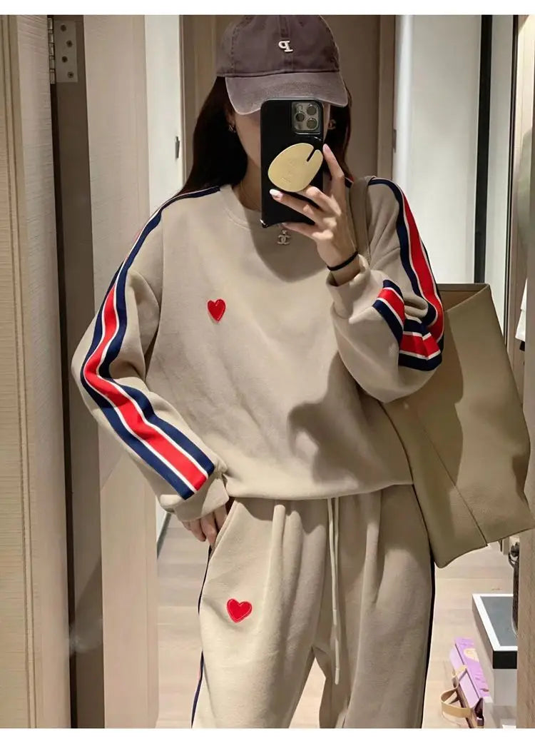 Autumn Cute Love Embroidery Pant Sets Two Pieces Tracksuits Khaki Side Striped Sweatshirt Women Girls Loose Sporty Korean Style