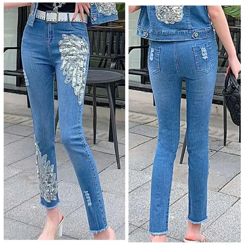 White Sequin Phoenix flower Denim Pants For women's 2025 New Korean Slim Elastic Pencil Skinny Jeans Female Ankle length Pants