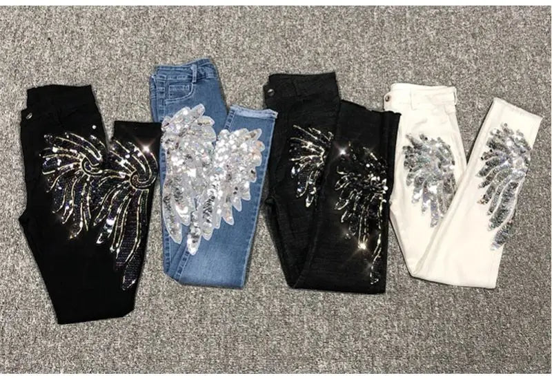 White Sequin Phoenix flower Denim Pants For women's 2025 New Korean Slim Elastic Pencil Skinny Jeans Female Ankle length Pants